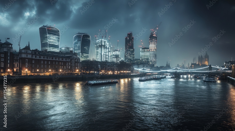 Fototapeta premium Dramatic night cityscape with river, bridges, and modern skyscrapers under a stormy sky.