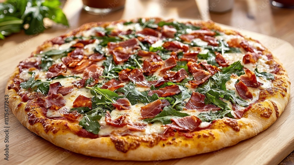 Delicious pizza topped with prosciutto, fresh arugula, and creamy mozzarella cheese on a wooden serving board Delicious pizza topped with prosciutto, fresh arugula, and creamy mozzarella cheese on a wooden serving board
