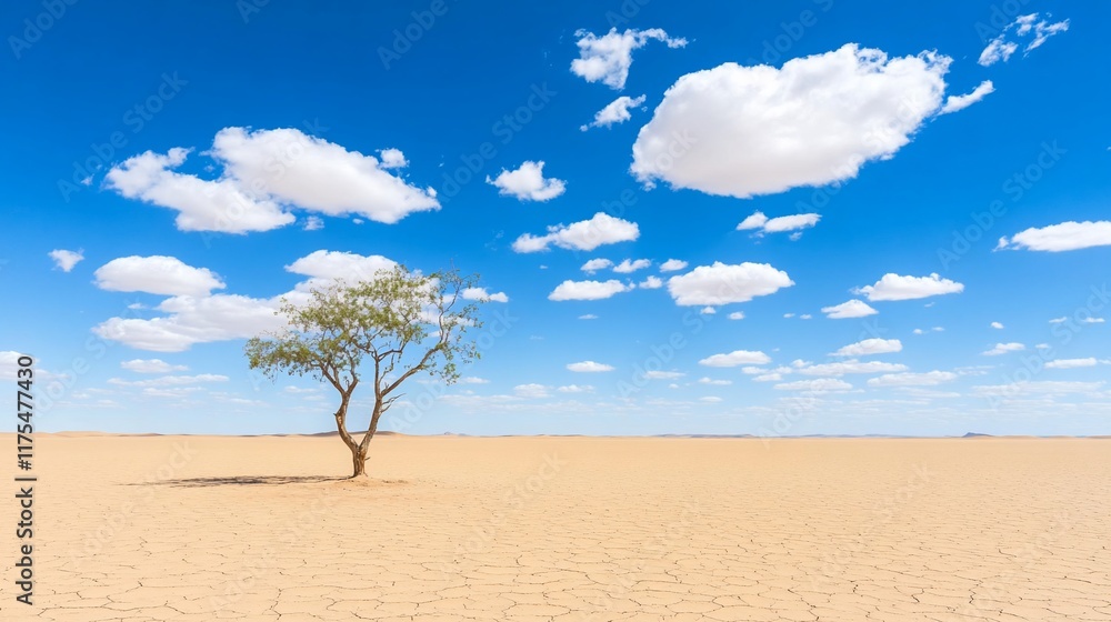 A solitary tree stands in a vast, arid desert landscape under a blue sky. A solitary tree stands in a vast, arid desert landscape under a blue sky.