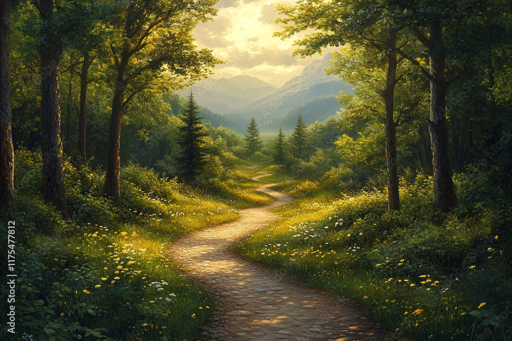 Obraz premium Serene Forest Path Winding Towards Distant Mountains