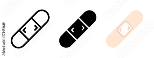 Plaster icon. Blister patch vector illustration. Adhesive bandage symbol. Wound treatment sign. Pharmacy logo. Sticky tape first aid medicines pictogram. Injury healing concept.