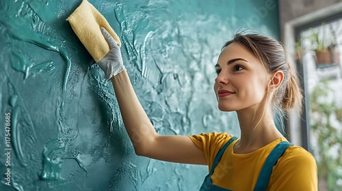 A woman wiping down a freshly painted wall with a soft cloth for a smooth finish photo