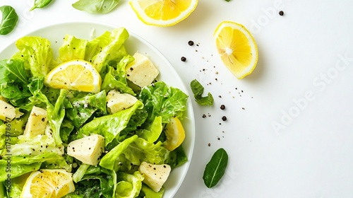 Vibrant Caesar Salad with Lemon Wedges and Black Pepper in a Gourmet Kitchen