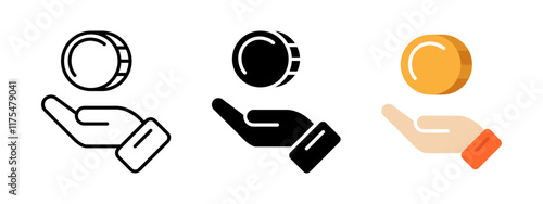 Hand with coin icon. Hand holding a coin vector illustration. Investment profit symbol. Salary and savings sign. Business earnings pictogram. Income or payment concept. Banking dollar or cent currency