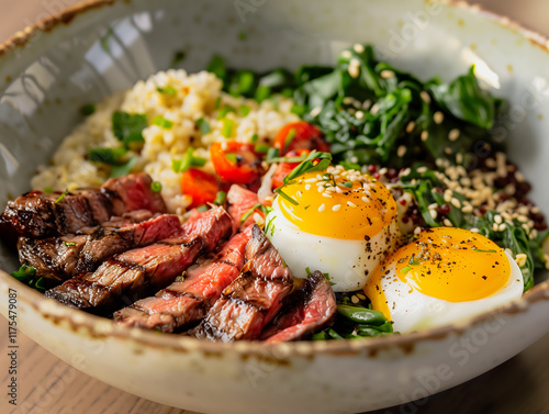 Nutritious breakfast bowl loaded with grilled steak, poached eggs, quinoa, spinach, and roasted tomatoes. Drizzled with tahini dressing and sprinkled with sesame seeds.