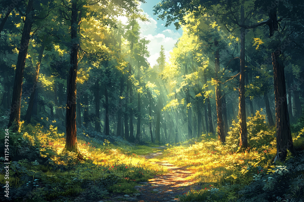 Sunlit Path Through A Lush Green Forest Sunlit Path Through A Lush Green Forest