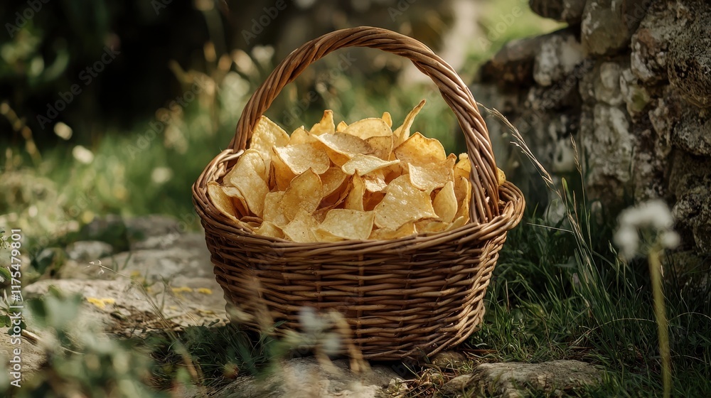 Rustic Basket Filled with Crunchy Golden Potato Chips Surrounded by Nature and Greenery Rustic Basket Filled with Crunchy Golden Potato Chips Surrounded by Nature and Greenery