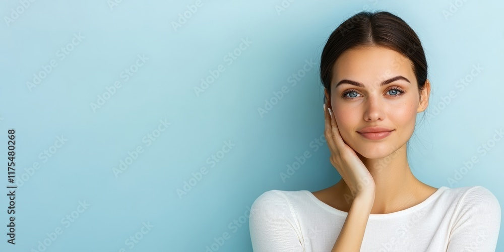 Beautiful Woman with Clear Skin Touching Face Against Light Blue Background Beautiful Woman with Clear Skin Touching Face Against Light Blue Background
