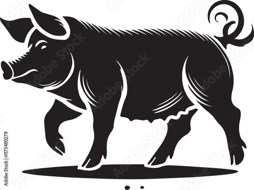 Piggie. Black and white illustration of a chubby pug silhouette photo