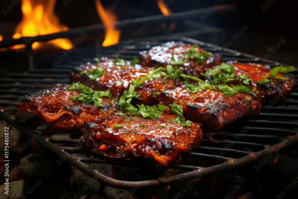 Grilled Meat with Herbs on a Barbecue Grill Grilled Meat with Herbs on a Barbecue Grill