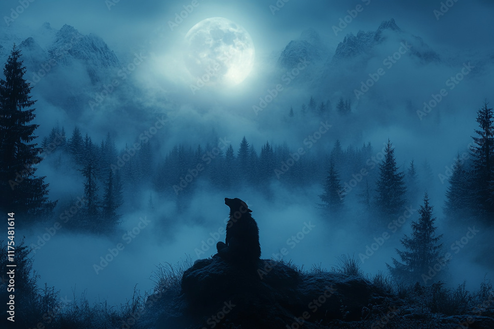 Lone Wolf Howling Under A Full Moon In Snowy Mountains Lone Wolf Howling Under A Full Moon In Snowy Mountains