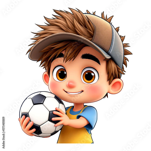 Excited boy in sporty attire holding a soccer ball with confidence. photo