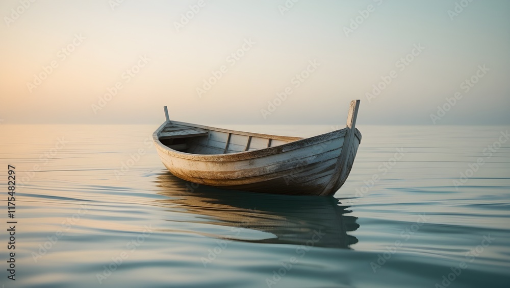 A calm ocean with a small wooden boat A calm ocean with a small wooden boat