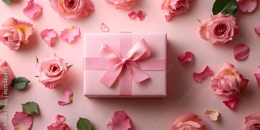 Naklejka premium An empty gift box falling on rose background, top view from above, natural light, valentine's day concept