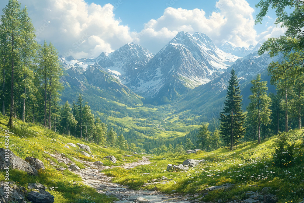 Serene Mountain Valley Path Through Lush Green Meadows Serene Mountain Valley Path Through Lush Green Meadows