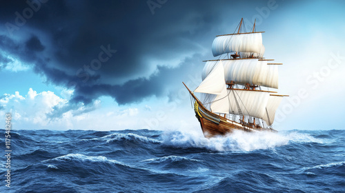 historic sailing ship navigates turbulent waters under dramatic sky