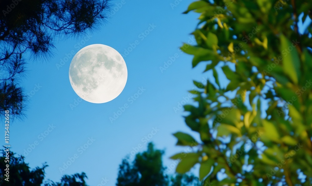 A bright full moon surrounded by trees against a clear blue sky. A bright full moon surrounded by trees against a clear blue sky.