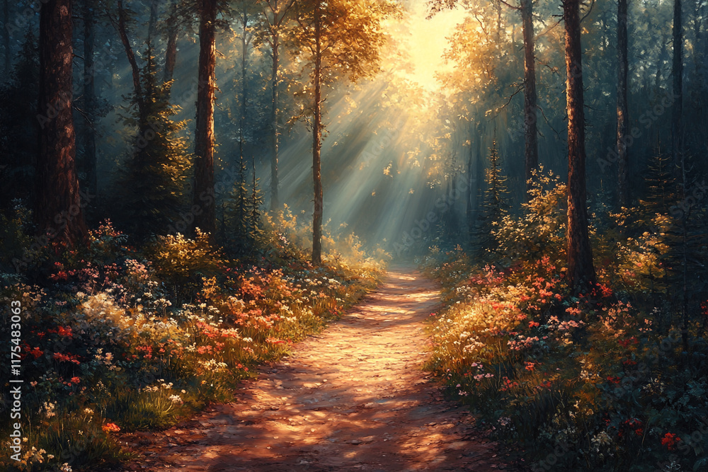Sunlit Forest Path With Wildflowers Sunlit Forest Path With Wildflowers