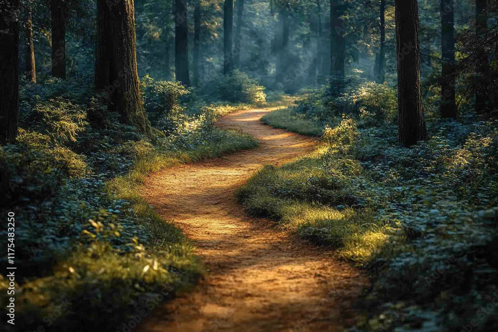 Obraz premium Sunlit Forest Path Winding Through Lush Green Trees