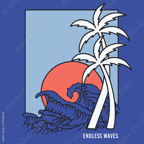 tropical summer surfing waves vibes T-shirt design in vector, happiness comes in waves, text with a waves illustration, for t-shirt prints, posters. Summer Beach photo