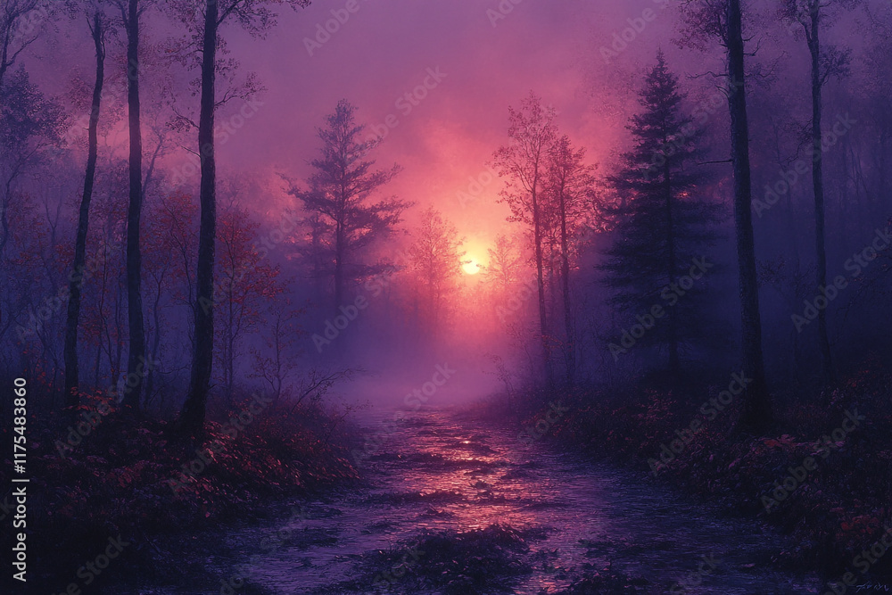 Obraz premium Serene Sunset Over Misty Forest Stream