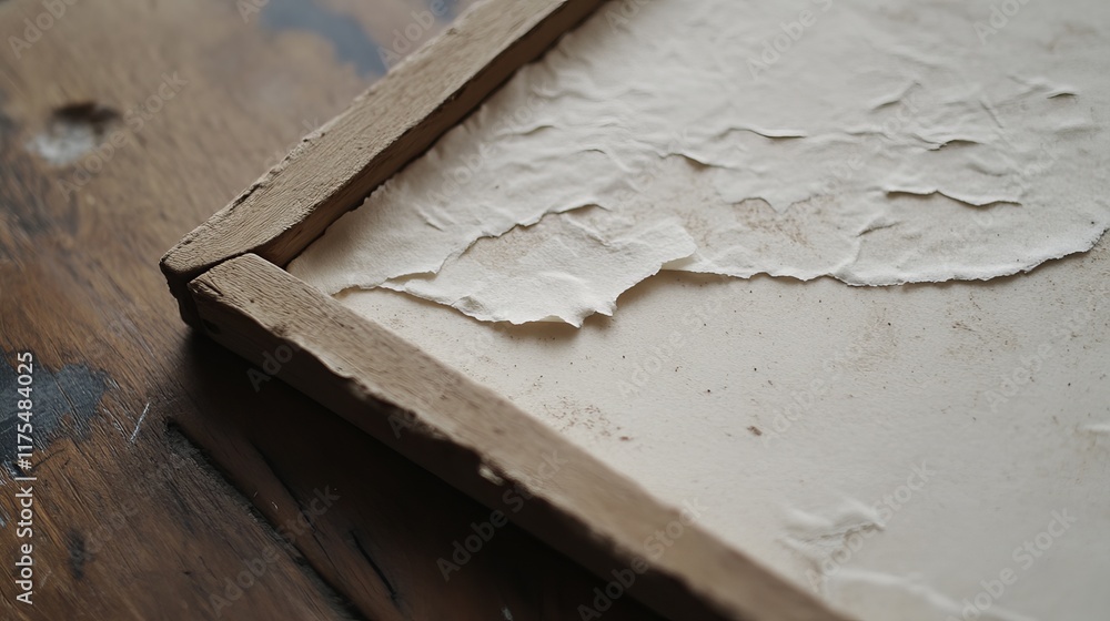 Close-up of a rustic wooden frame with textured, off-white paper, showing signs of age and wear. The image evokes a sense of nostalgia and history. Close-up of a rustic wooden frame with textured, off-white paper, showing signs of age and wear. The image evokes a sense of nostalgia and history.
