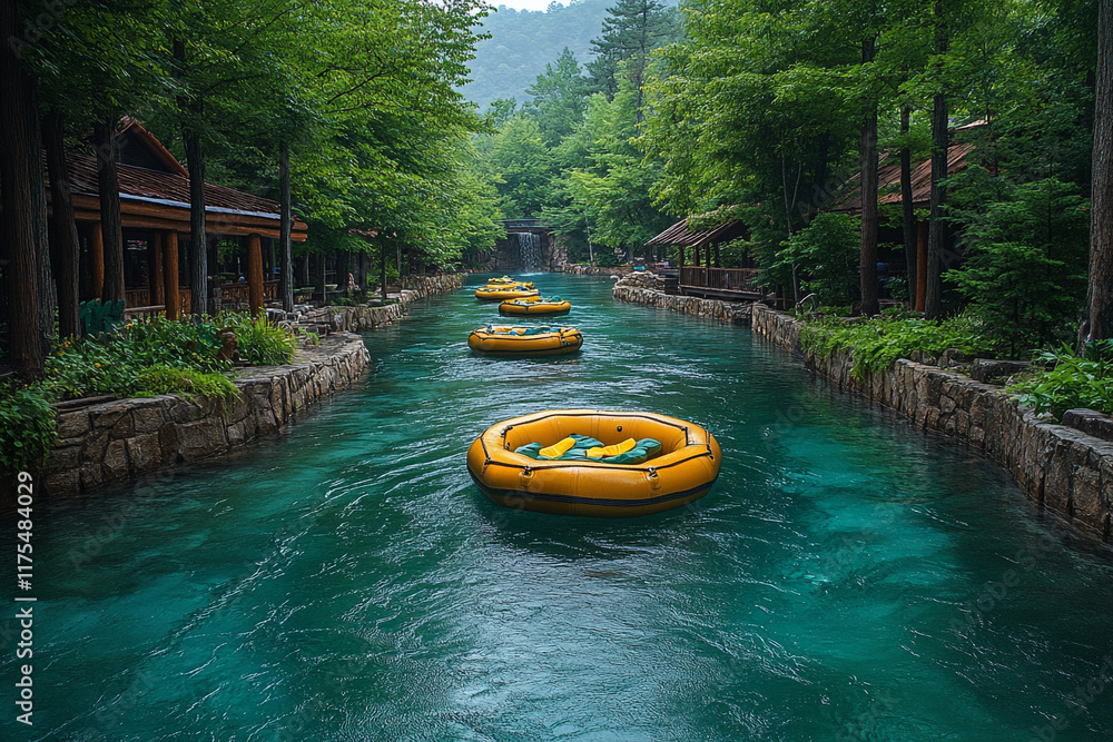 Fototapeta premium Yellow rafts float down a tranquil forest river