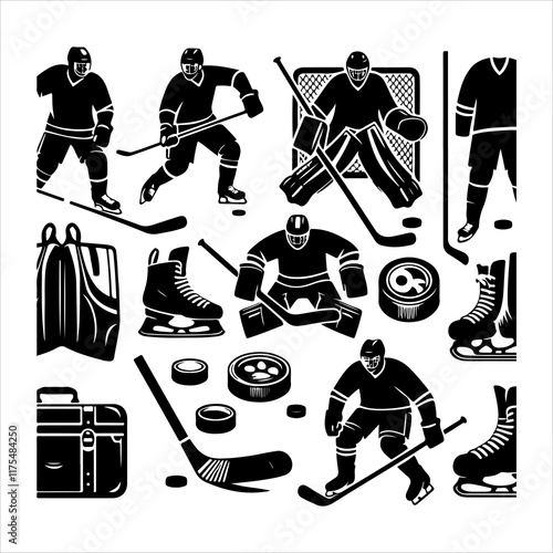Ice hockey equipment silhouette vector. Hockey elements vector set silhouette illustration 