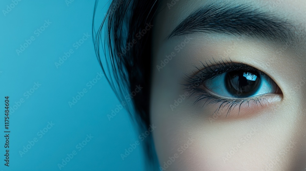 Fototapeta premium Serene Close-Up of Asian Woman's Single Eyelid, Thin Lashes, and Bold Eyeliner against Gradient Blue and White Background