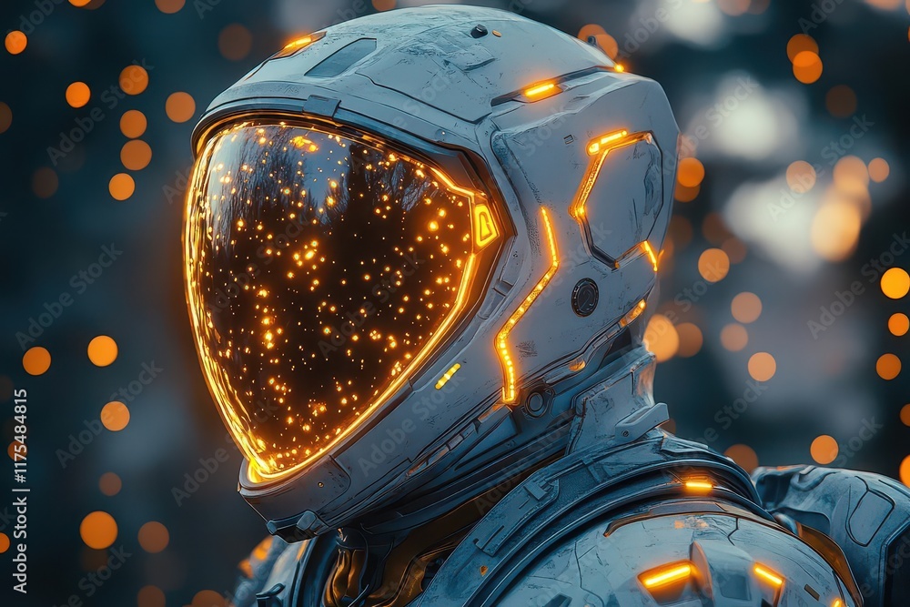 futuristic space suit illuminated by glowing accents and intricate details set against a cosmic backdrop of distant stars and nebulae evoking a sense of adventure and exploration futuristic space suit illuminated by glowing accents and intricate details set against a cosmic backdrop of distant stars and nebulae evoking a sense of adventure and exploration