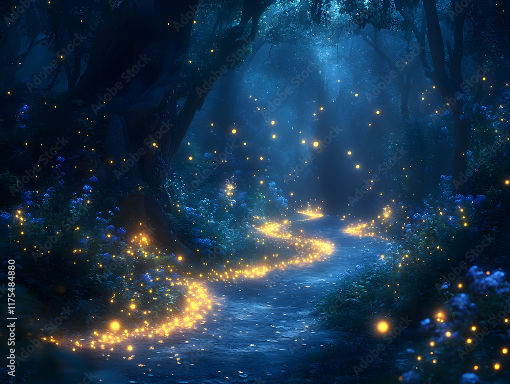 Enchanting night forest path illuminated by fireflies.