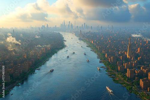 Aerial View of Cityscape and River with Boats photo