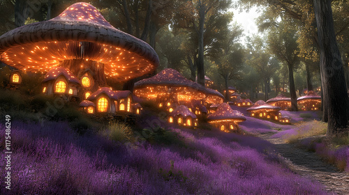 Enchanting mushroom houses illuminate a lavender field in a mystical forest. photo