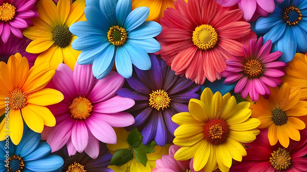 A seamless arrangement of flowers in vivid colors forming a radiant display A seamless arrangement of flowers in vivid colors forming a radiant display