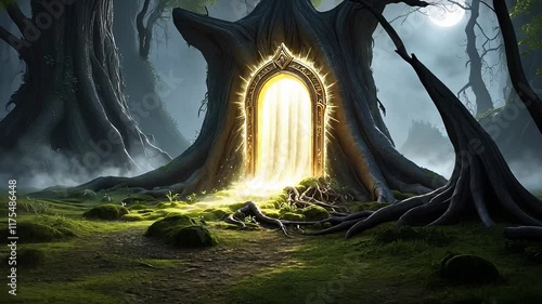 Glowing Portal Embedded in an Ancient Tree Trunk in a Mystical Forest with Soft Light and Enchanting Atmosphere

 photo