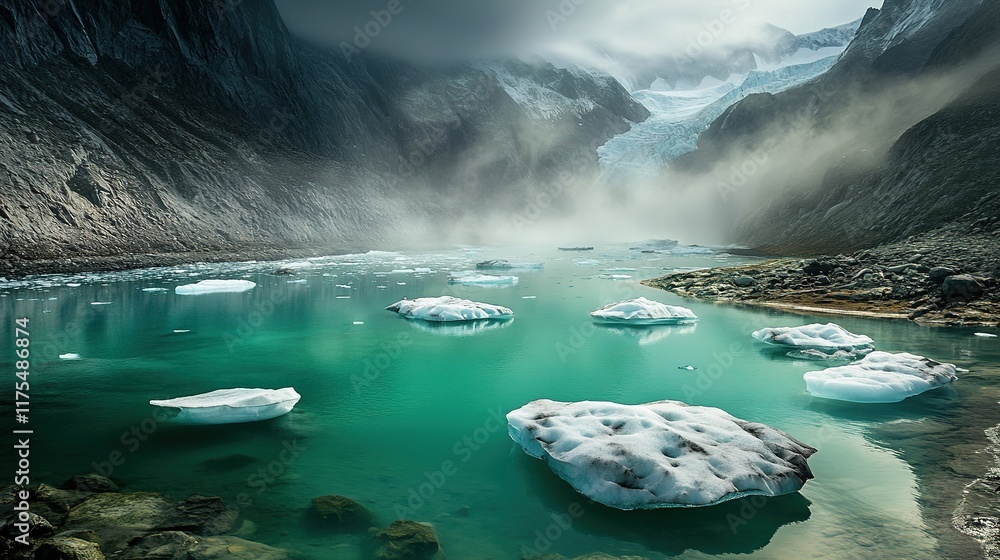 Naklejka premium Tranquil glacial lake surrounded by towering mountains and misty