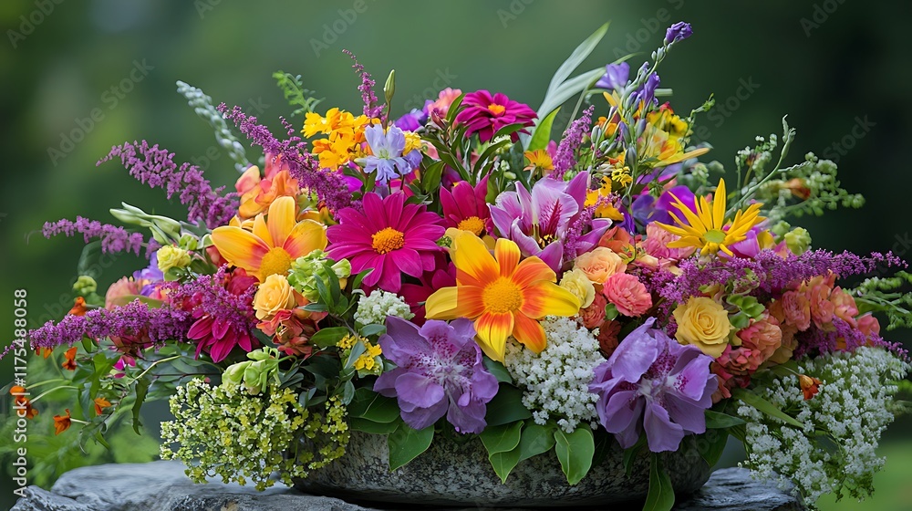 A lively arrangement of multicolored flowers spreading joyfully across the scene