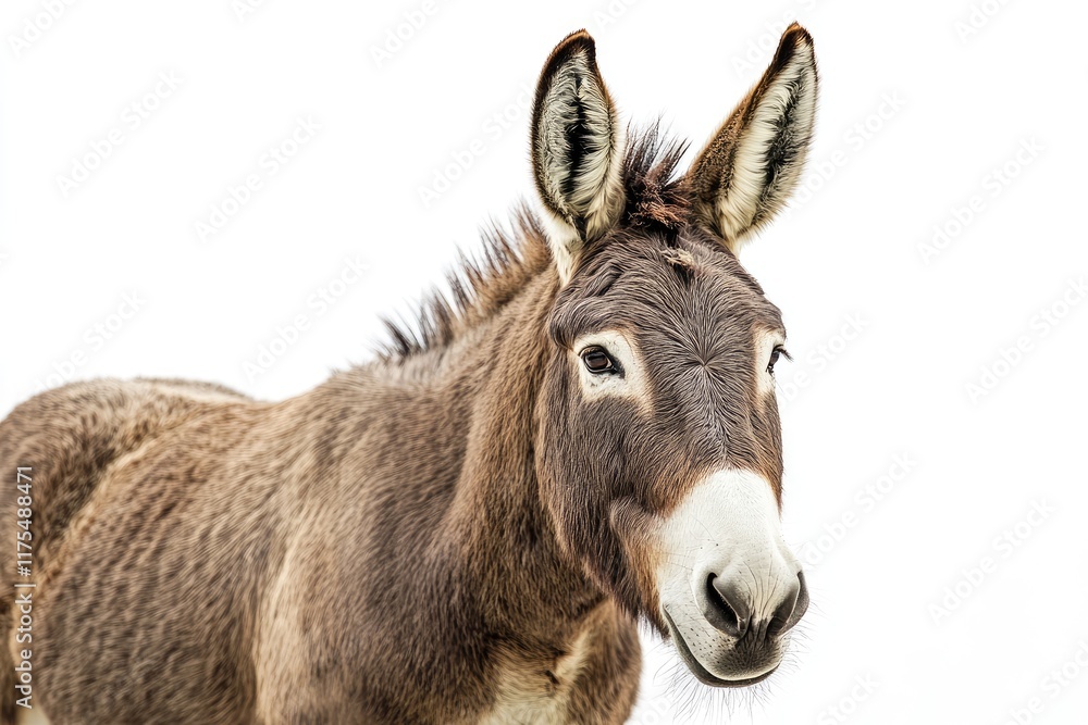 Brown Donkey Portrait Against White Background Brown Donkey Portrait Against White Background