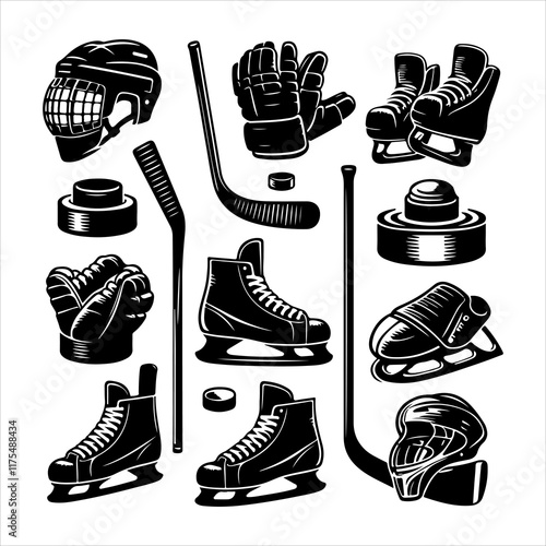 Ice hockey equipment silhouette vector. Hockey elements vector set silhouette illustration 