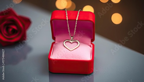 Heart necklace in red box with rose, gift, Valentine's Day