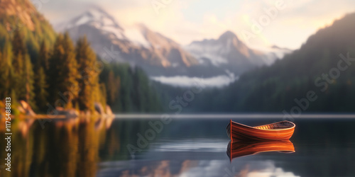 A tranquil lake scene with a lone wooden boat peacefully floating in the clear water, surrounded by snow-capped mountains and dense evergreen trees under a gentle sky. photo