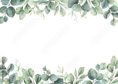 Watercolor vector border frame with green eucalyptus leaves and branches. Greenery clipart for wedding invitation, greeting cards, save the date, stationery design. Hand drawn illustration.