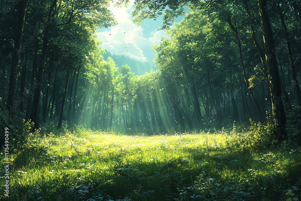 Fototapeta premium Sunlit Forest Glade With Lush Green Meadow And Trees