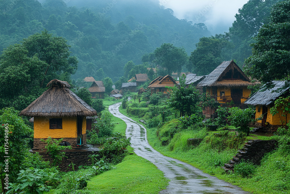 A Rainy Day in a Lush Green Mountain Village A Rainy Day in a Lush Green Mountain Village