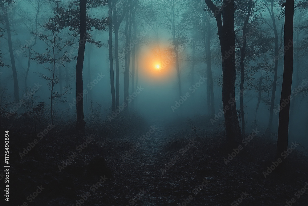 Naklejka premium Misty Forest Path With Distant Sunset Glow