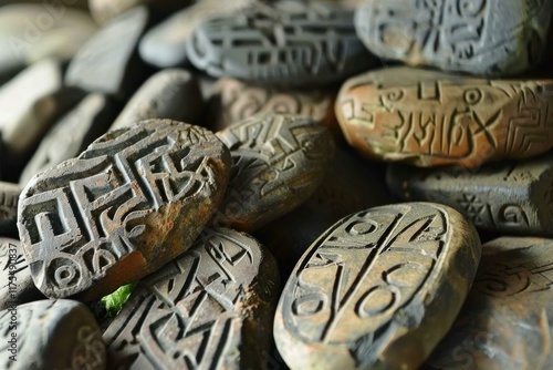 Pile of ancient clay tablets showing undeciphered symbols covering the surface of each tablet photo