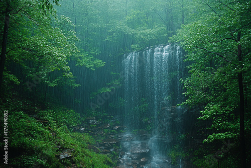 Lush Forest Waterfall During a Summer Rainstorm