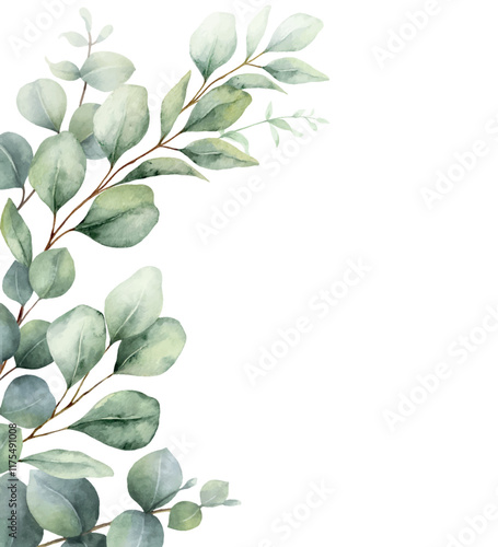Watercolor vector wreath with green eucalyptus leaves and branches. Greenery clipart for wedding invitation, greeting cards, save the date, stationery design. Hand drawn illustration.