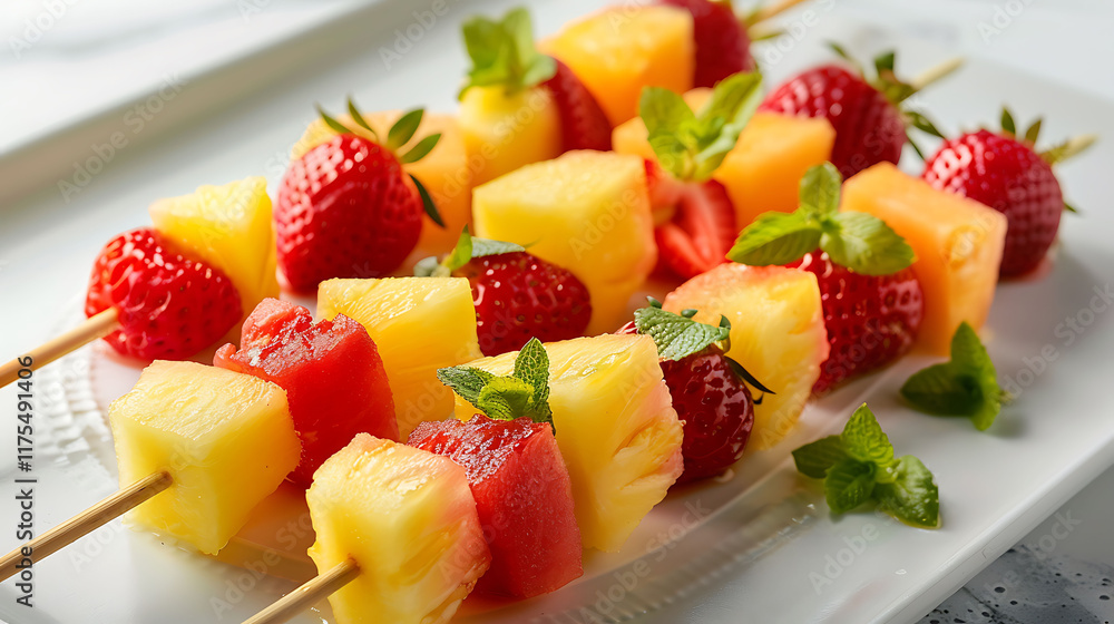 A colorful fruit kebab with chunks of pineapple strawberries and melon A colorful fruit kebab with chunks of pineapple strawberries and melon