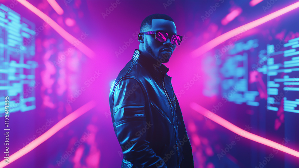 Image of a man in a leather jacket and sunglasses, standing confidently in a 3D cyberpunk-inspired background with glowing pink and teal lights Image of a man in a leather jacket and sunglasses, standing confidently in a 3D cyberpunk-inspired background with glowing pink and teal lights